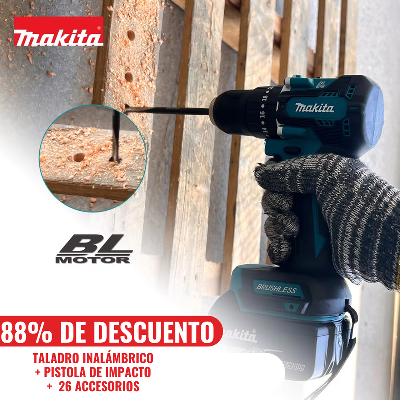 KIT MAKITA ORIGINAL: TALADRO INALÁMBRICO + PISTOLA DE IMPACTO + 26 ACCESORIOS + 2 BATERIAS - CIERRE DE LA TIENDA - CONTRA ENTREGA ENVÍO GRATIS