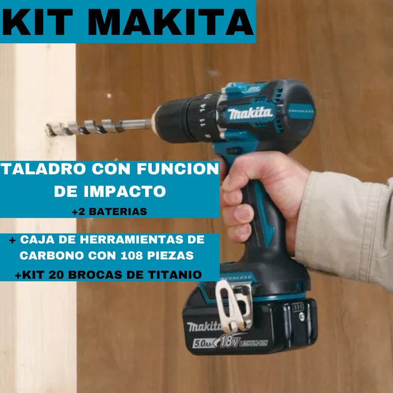 KIT MAKITA ORIGINAL: QUEDAN 6 UNIDADES TALADRO DE PERCUSION DE ALTO IMPACTO + CAJA DE HERRAMIENTAS CON 108 PIEZAS + 20 BROCAS DE TITANIO - CIERRE DE LA TIENDA - CONTRA ENTREGA ENVÍO GRATIS