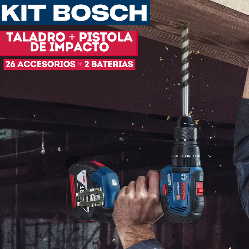 KIT BOSCH ORIGINAL: TALADRO INALÁMBRICO + PISTOLA DE IMPACTO + 26 ACCESORIOS + 2 BATERIAS - CIERRE DE LA TIENDA - CONTRA ENTREGA ENVÍO GRATIS